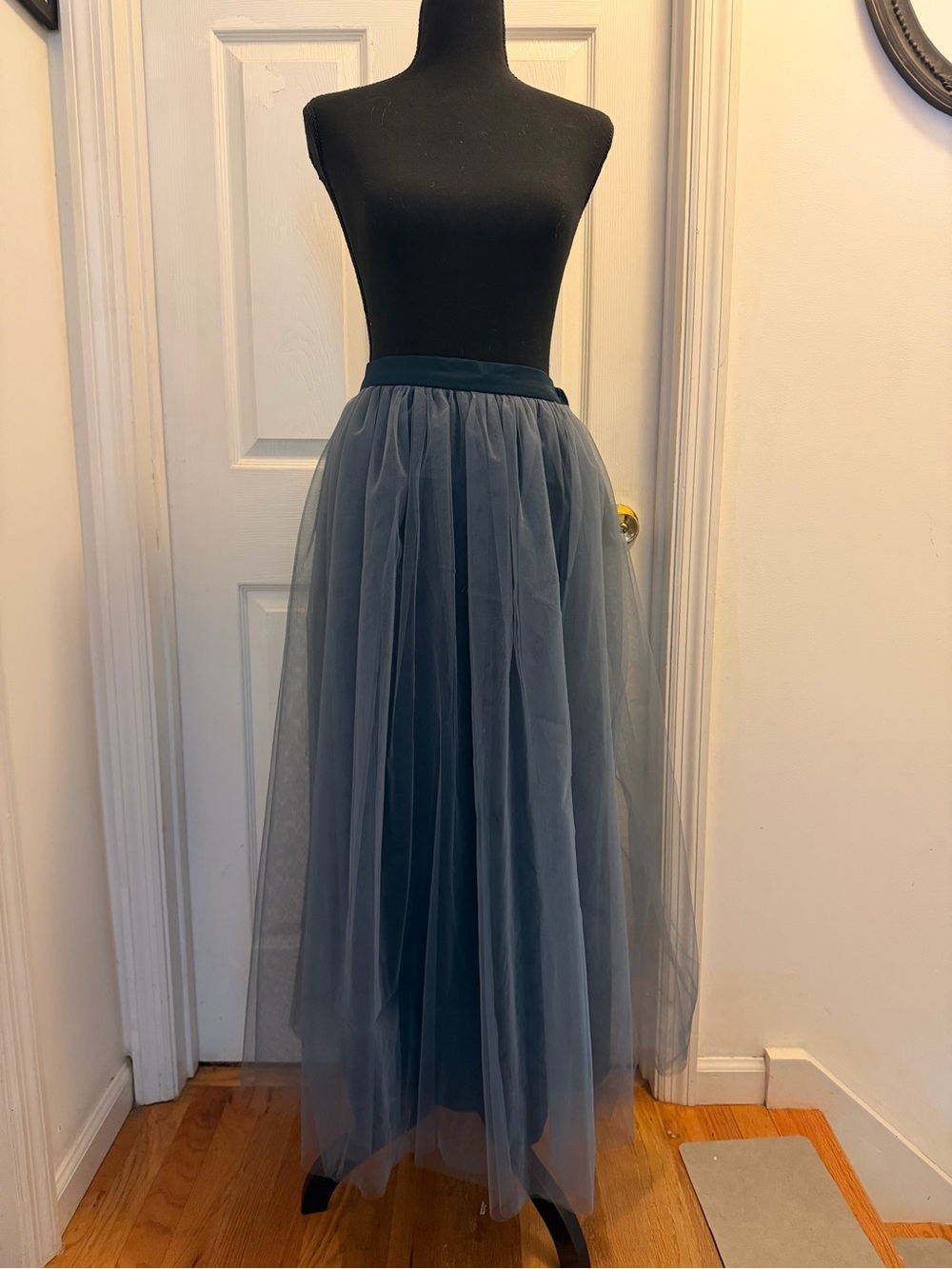 Women's Grey Green Tulle Maxi Skirt - Elegant Layered Style